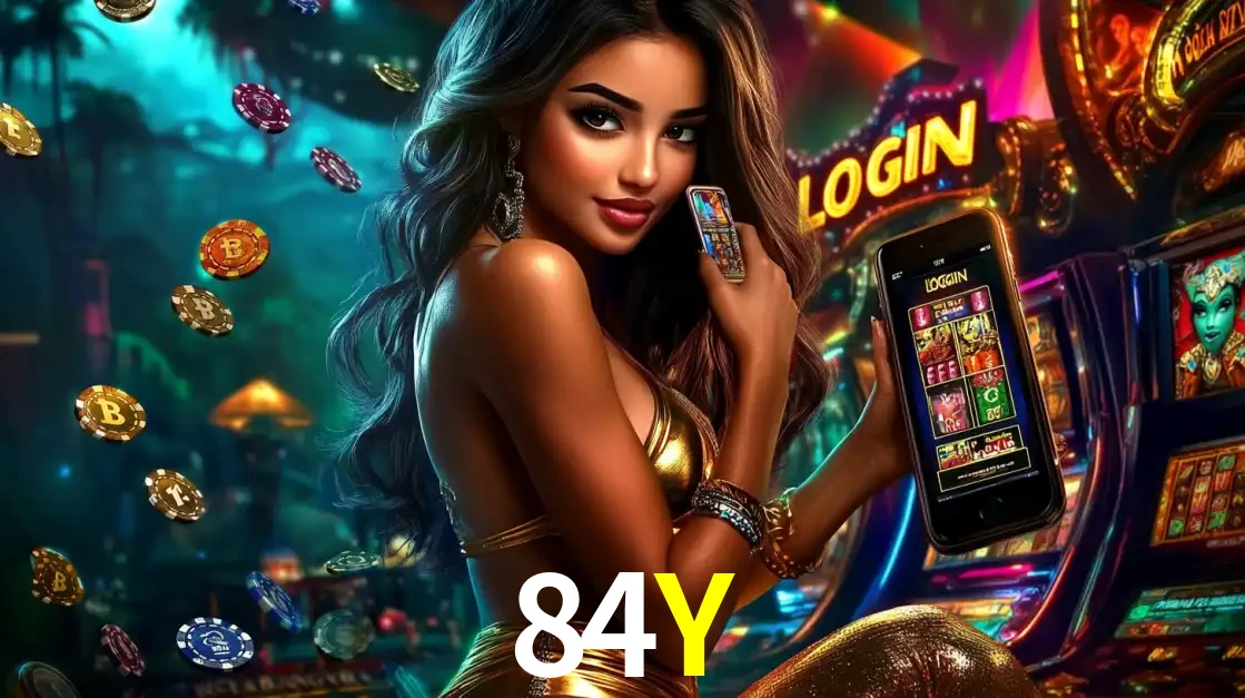 Mulher em um cenário de cassino temático de aventura, mostrando o app de caça-níqueis da 84Y no celular. Fichas de apostas flutuam ao redor.