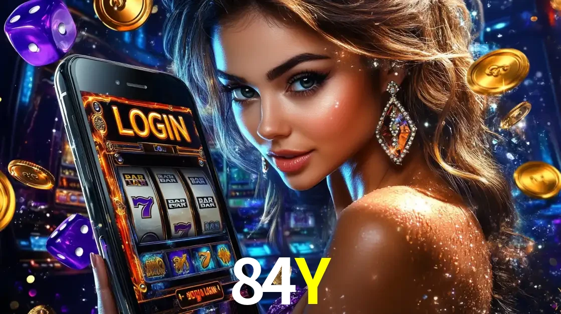 Mulher glamorosa segurando um smartphone com a tela de login para os jogos de caça-níqueis do cassino online 84Y, com moedas de ouro e dados ao redor.