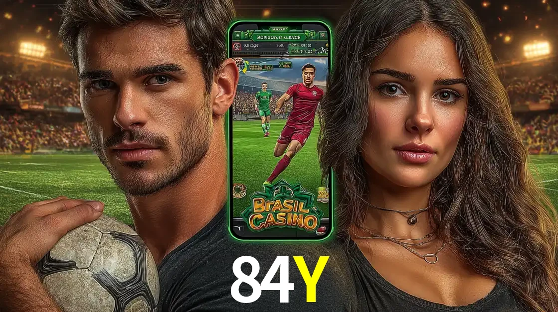 Homem segurando uma bola de futebol e uma mulher ao lado de um smartphone exibindo o jogo de apostas esportivas da 84Y. Faça seu palpite no cassino online.